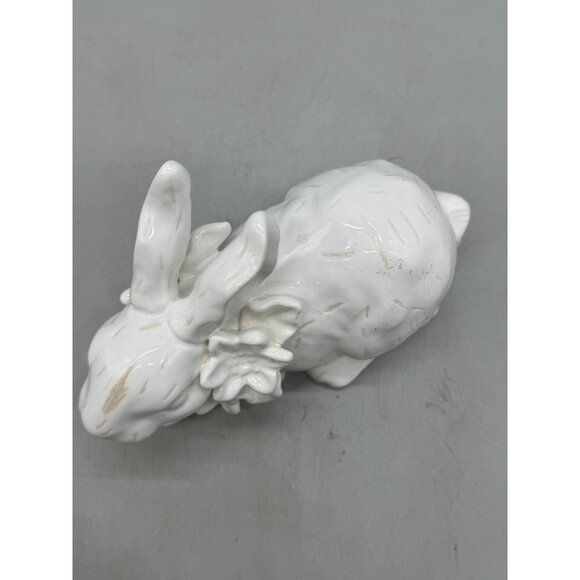 White Ceramic Bunny Figurine Floral Details Decorative Animal Ornament 7.5 READ - Picture 2 of 7